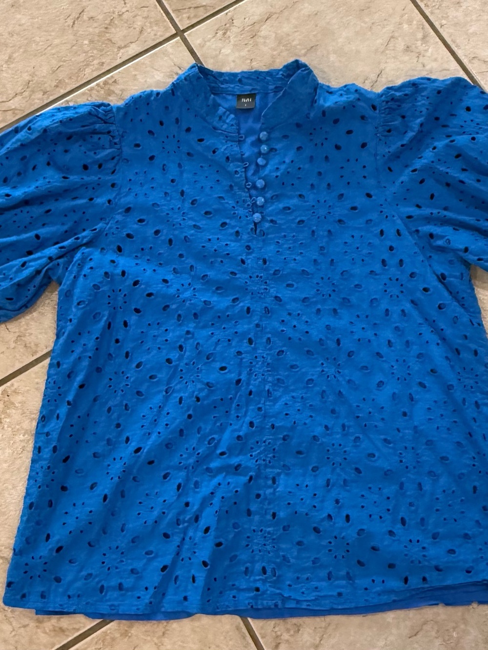 IWH Cobalt Blue Eyelet Button-Front Puff Sleeve Blouse Size L